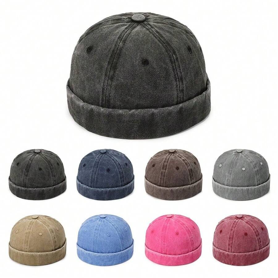 Gorra sin visera estilo vaquero lavado vintage de unicolor ajustable, sombrero redondo de algodón al estilo hip hop - Multicolor - Ver 1