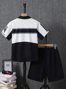2pcs/Set Pre-Teen Boys Outdoor Chic Street Racing Style Polo Shirt & Shorts Set, Spring/Summer