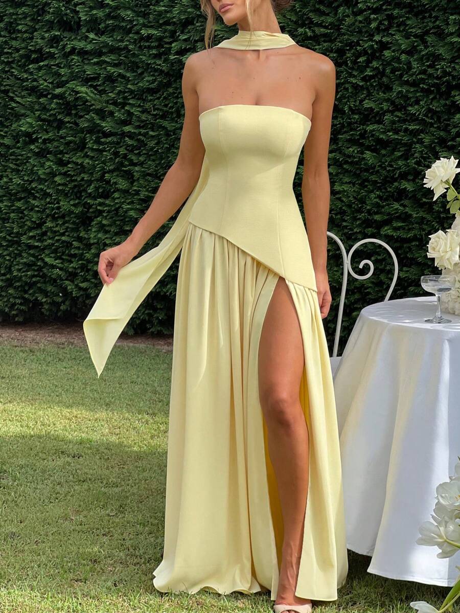 Elisanya Color Block Ribbon Cocktail Dress, Minimalist & Stylish, Suitable For Summer - Yellow - View 1