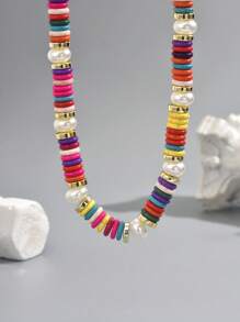 1 pieza Collar de estilo bohemio y resort con trenzado, piedras y perlas para mujeres (color aleatorio)