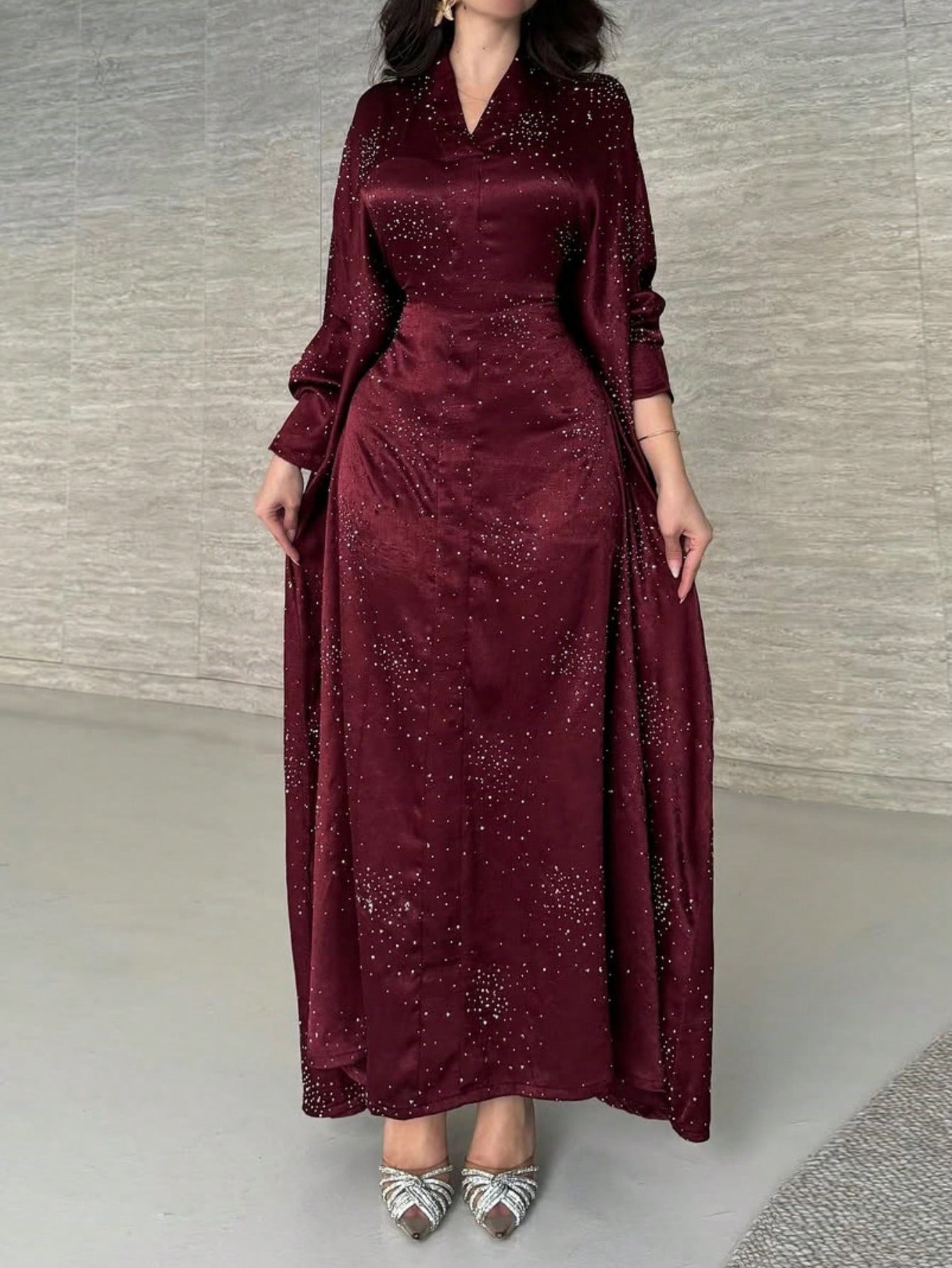 عباءة نسائية جديدة مزينة بالراين ستون، رداء طويل ق...