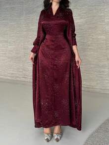 New Middle Eastern Women's Fashion Abaya With Rhinestone Decor, Pullover Long Robe (Random Rhinestone) - 紅色 - 查看 3