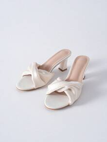 女士白色高跟新娘凉鞋，时尚舒适中跟露趾粗跟拖鞋，透气设计，尺码齐全，圣诞节冬季圣诞礼物 - 白色 - 查看 4