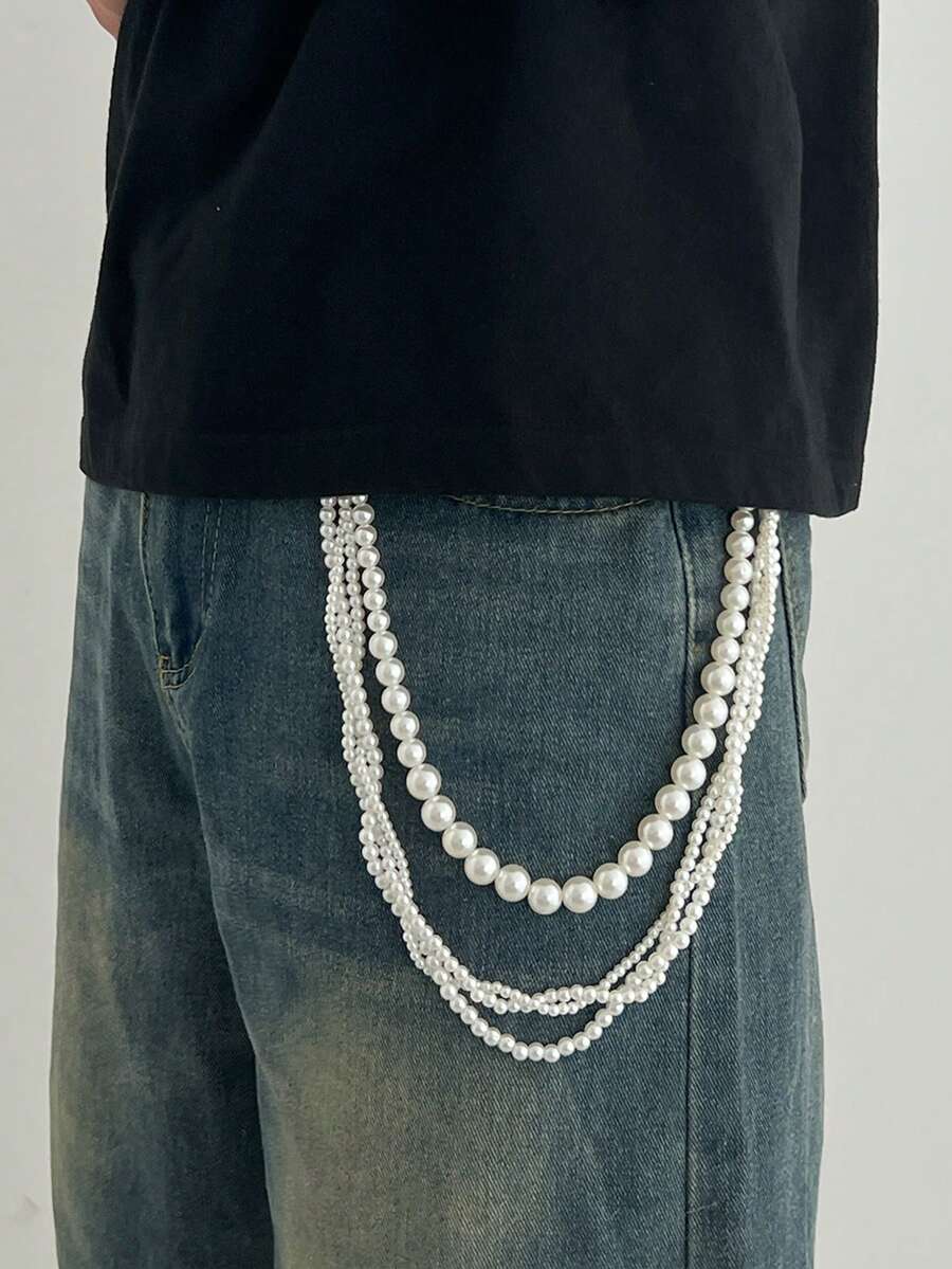 1pc Fashionable Casual Simple Multi-Layer Faux Pearl Waist Chain, Men's Personalized Charm Accessory, For Pants Decoration, Suitable For Daily Wear, Party, Music Festival