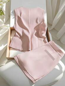 A Fashionable, Capable And Elegant Professional Commuting, High-End And Mature Style Pink Vest And Shorts Women's Set Summer - Pink - View 2
