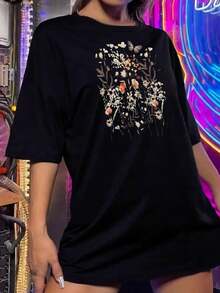 Camiseta corta de manga corta vintage floral para mujer - Camiseta con estampado retro de flores, camiseta gráfica con mariposa, camiseta casual de verano, camiseta de cuello redondo, regalo para ella - Negro - Ver 2