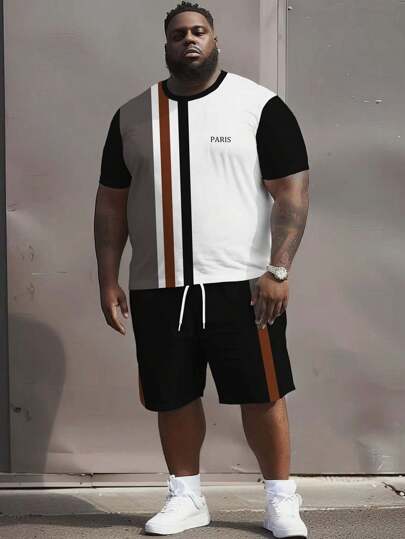 Plus Size Men Summer Casual Holiday Round Neck Short Sleeve T-Shirt + 5-Inch Beach Shorts, 100% Polyester High-Quality Comfortable Sports Suit