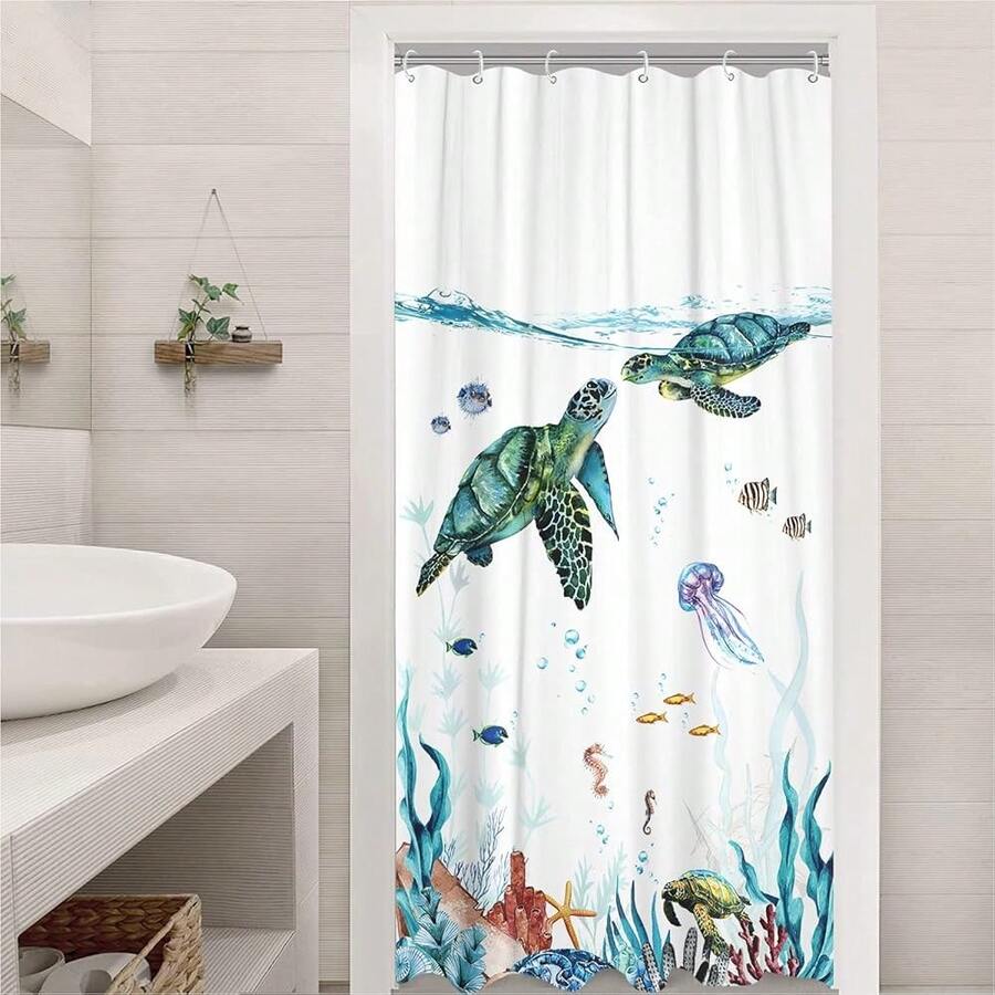 New Fowocu Sea Turtle Stall Shower Curtain Teal Blue Ocean Waterproof Fabric Shower Curtains For Bathroom Funny Animal Octopus Starfish Anchor Fish Nautical Bath Curtain Dr (Teal, 36''*72'') - 藍綠色 36 英吋寬 x 72 英吋長(1 包) - 查看 1