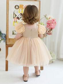 女婴香槟色泡泡袖亮片网纱优雅金色连衣裙，圣诞公主裙，适合作为女婴一周岁生日礼物、婚礼花童、派对、节日庆典礼服 - 香檳色 - 查看 3