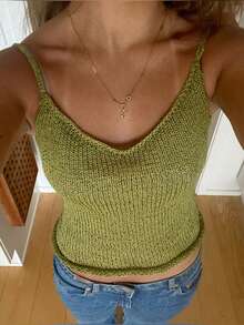 Top estivo da donna Just Masa, stile Y2K, sexy, slim, giovane, scollo a V, con bretelle in lana - Verde - Visualizzare 3