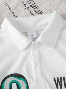 Set de 2 piezas con camisa polo y bloque de colores con estampado de letras para niños pequeños, uso casual de negocios para el verano