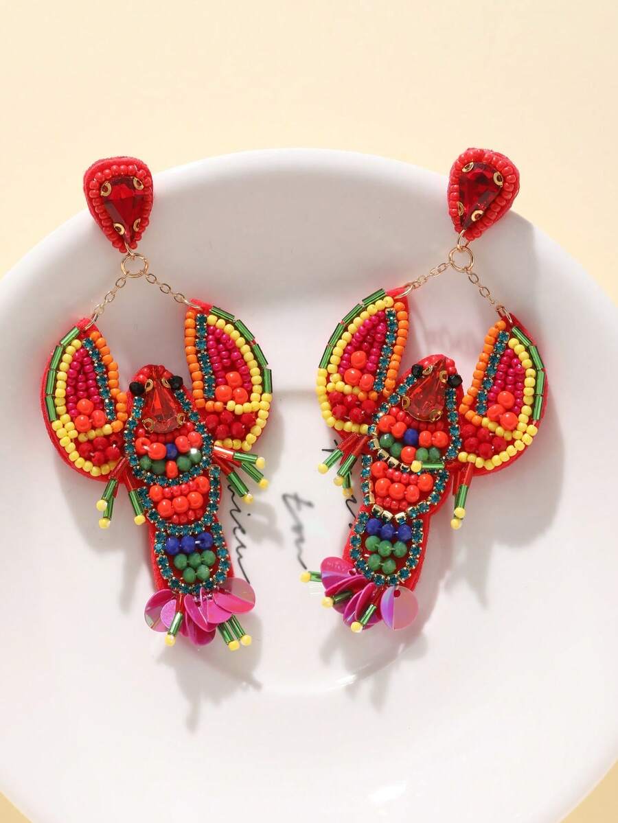 1 Pair Handmade Beaded Rhinestone Lobster Shaped And Chic Earrings - Colorful - View 1