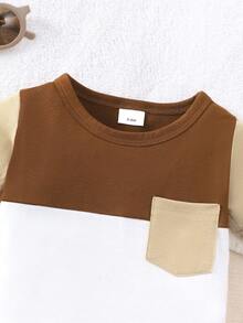 Baby Boy Casual Round Neck Patchwork Bodysuit Set, Summer - Brown - View 3