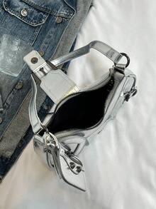 1pc Women's Retro Mira Rock Punk Rivets Decor Adjustable Strap Large Capacity Soft Faux Oil Wax Gradient Color Leather One Shoulder Underarm Baguette Bag, Suitable For Work Commute, Dating, Party - Silver - View 8