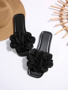 French Elegant Soft Flowers Open-Toe Flat Slippers For Women, Summer New Casual Sandals For Dating, Daily Wear, Home, Beach And Leisure - Black - View 6