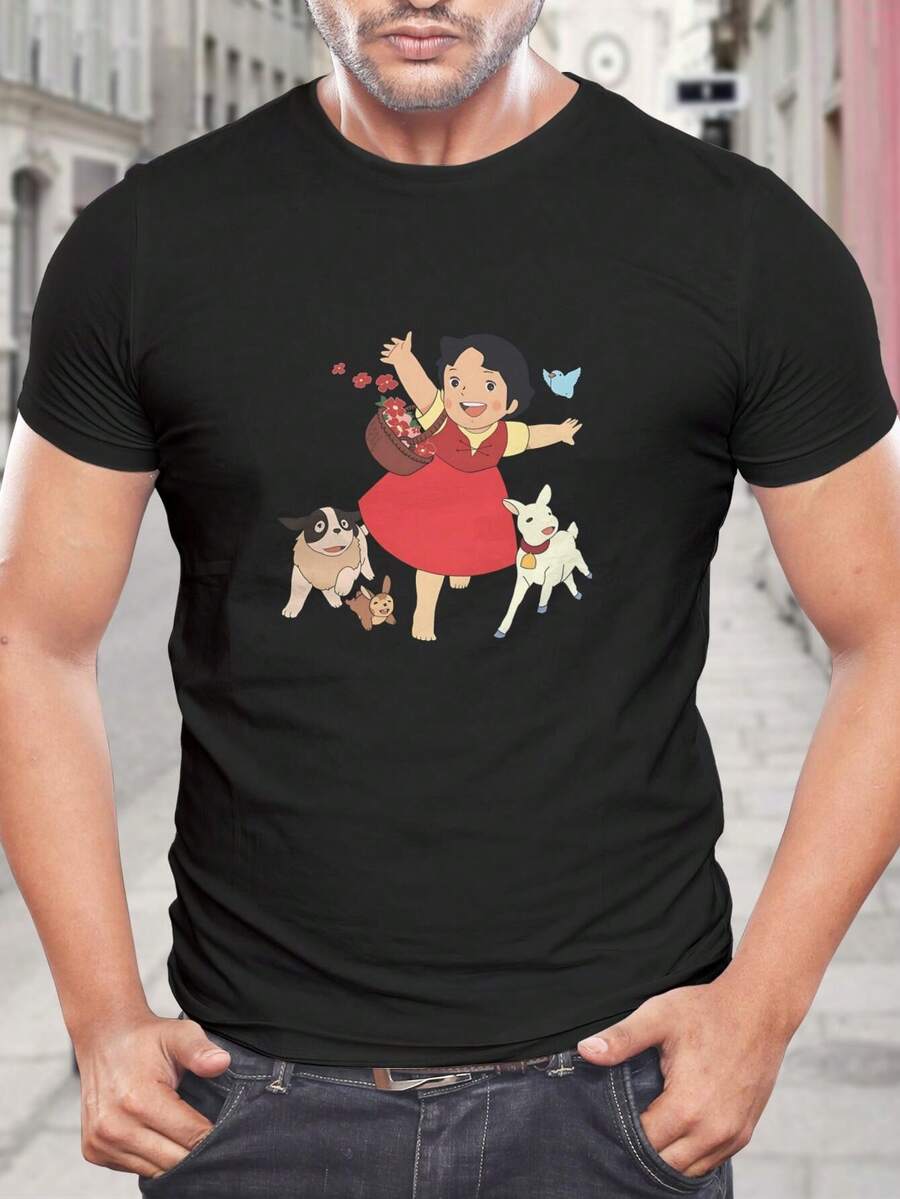 Camiseta de anime Heidi para hombre - Camiseta gráfica clásica Regalo Otaku Nostalgia de los 80 Estilo vintage casual cómoda de manga corta - Negro - Ver 1