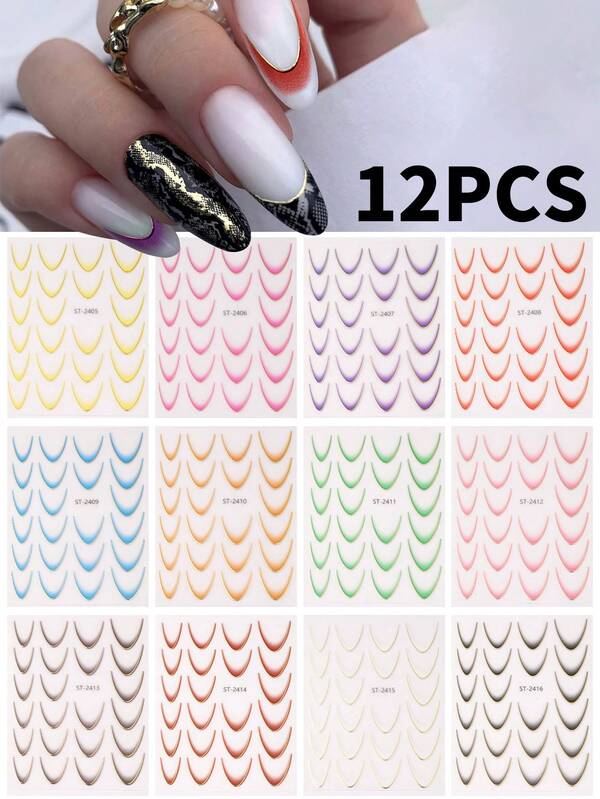 12 colori Adesivi per arte di unghie francese a linea 5D, decalcomanie per unghie con bordo francese dorato e sfumature di colore, strisce 3D autoadesive per decorazioni per unghie, accessori per manicure fai-da-te