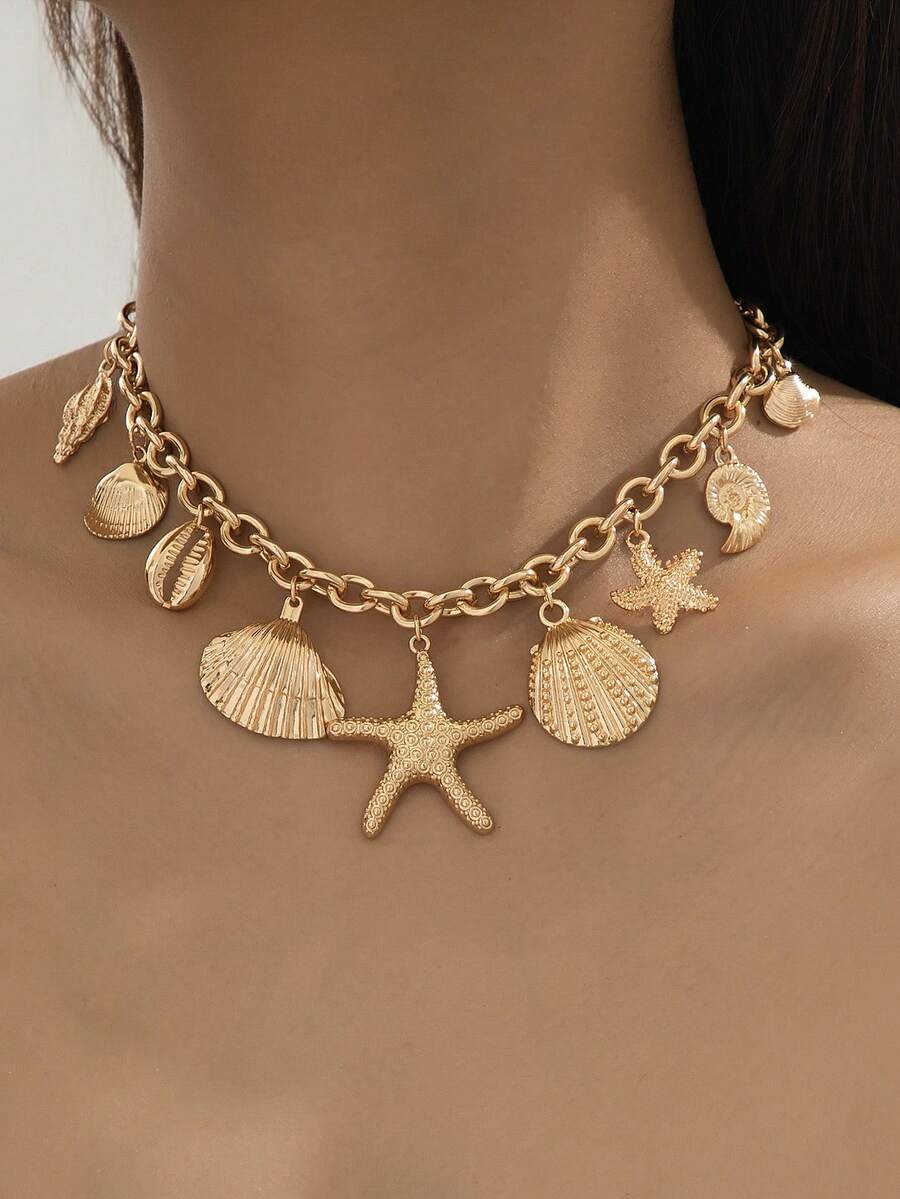 1 pieza Collar de cadena gruesa con textura de concha de metal & estrella de mar, estilo de moda exagerado, adecuado para vacaciones, playa, fiesta y uso diario - Amarillo Oro - Ver 1