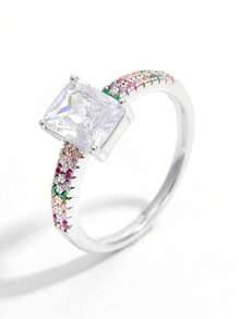 Vaerine 1 Stück klassisch eleganter, exquisiter 925er Sterling Silber Ring mit rechteckigem Stein in Doppelreihe, Modisches Accessoire für Verlobung, Party, Date, als Geschenk um den Charme zu unterstreichen