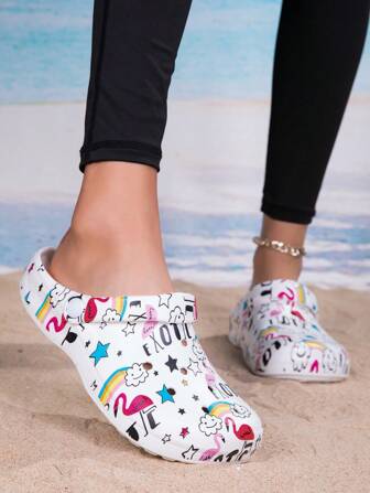 新款女士园艺鞋，可调节宽松平底拖鞋，适合卧室/旅行/海滩，拼色