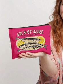 Retro Sardines Cosmetic Pouch,Olive Oil And Lemon Design, Unisex Adult Polyester Mini Makeup Bag, Hypoallergenic Zippered Toiletry Case, Pink Zippered Cosmetic Bag, Multifunctional Snack, Stationery Or Gift, Tin Fish Print Accessory Clutch, Cosmetic Pouch For Girls Women, Makeup Bag, Toiletry Bag For Travel, School, And Commuting,Unisex Adult Portable Storage Bag