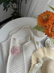 Summer Beach Hollow Woven Tote Bag, Foldable Design, Oversized Women's Handbag, Beach Bag; New Fashionable Floral Embroidery Shoulder Bag Suitable For Summer Beach, Vacation, Valentine's Day