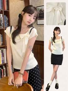 Pure Sexy Off-Shoulder Bowknot Short Sleeve Knit Sweater, Sweet Elegant Slimming Blouse For Women, Summer New Arrival