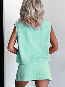 Summer 2 Pieces Mineral Wash Cotton Tank Top Lined Split Skirt Set - 綠色 - 查看 4