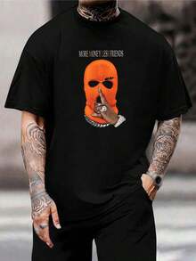 Camiseta gráfica de estilo gangster con pasamontañas - Streetwear Hip Hop - Más dinero, menos amigos - Camiseta negra de manga corta de moda para hombre y mujer - Negro - Ver 1