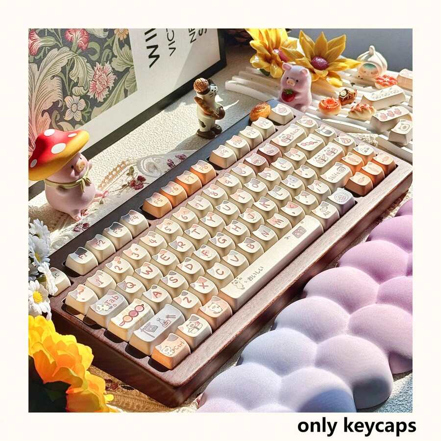 142 Keycaps Set, Sushi Cat Themed, PBT Dye-Sublimated, Cute Mao Design, Compatible With 61/75/87/98/100 Keyboards - White - View 1