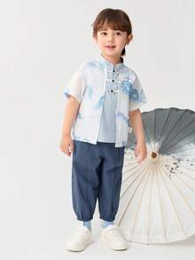 Balabala Young Boy Short Sleeve Set 2025 Summer New Boys' Chinese Style Tang Suit Buttoned - Blue Tint - View 2