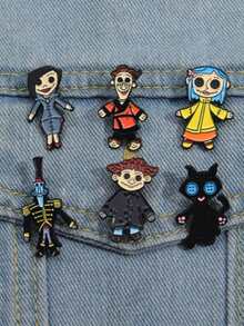 6pcs Plush Toy With Button Eyes, Enamel Brooch, Customized Lapel Pin, Gothic Character Cartoon Jewelry, Children Friend Gift