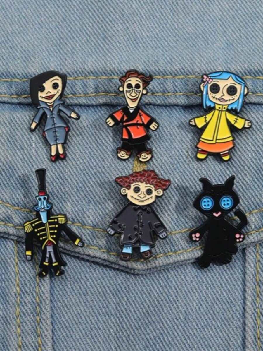 6 piezas Juguete de peluche con ojos de botón, broche de esmalte, insignia personalizada, joyería de personaje de dibujos animados góticos, regalo para amigos - Multicolor - Ver 1
