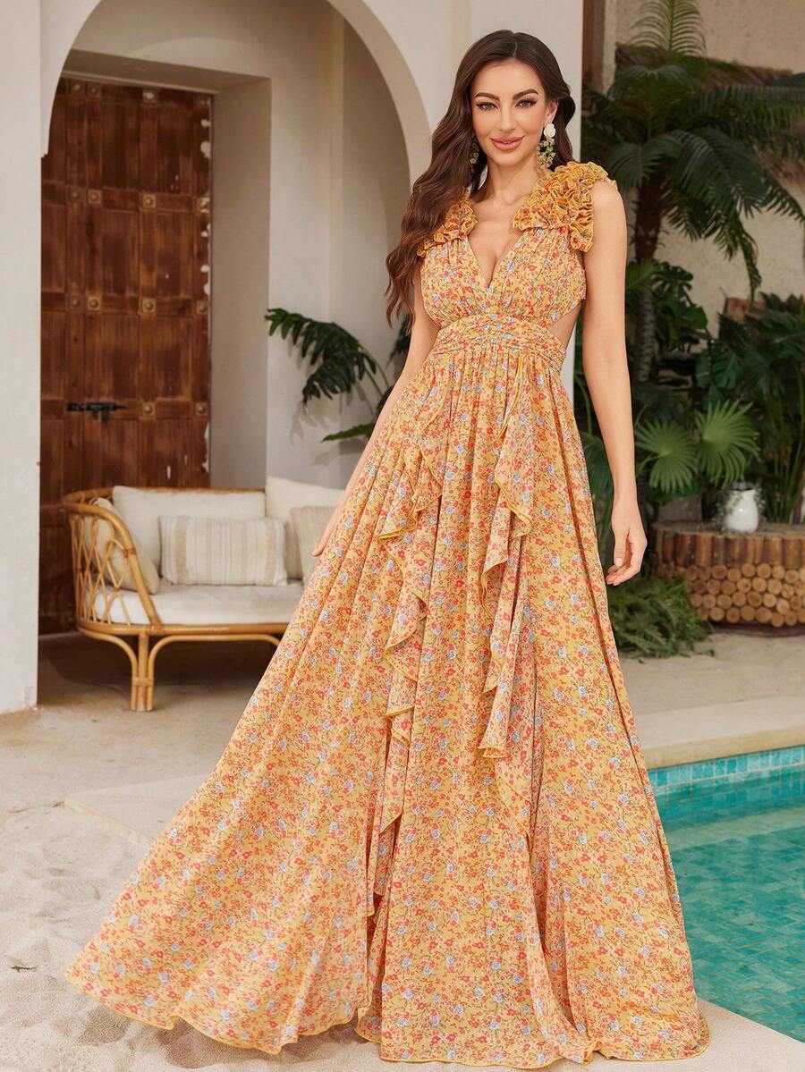 [Thiết kế hoa ngẫu nhiên] Váy phù dâu trang trọng không tay hở lưng chữ V sâu, họa tiết hoa, xẻ tà bất đối xứng, xếp nếp bằng vải voan thanh lịch - Màu vàng - Xem 1