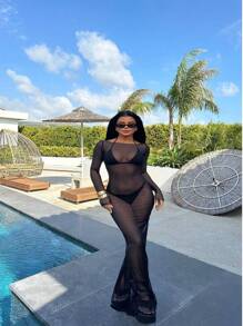 Women's Sexy Slim-Fit Net Sheer Off Shoulder Long Sleeve Long Dress, Plus Size, Summer