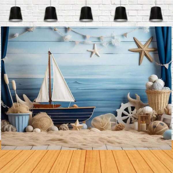 Blue Sailboat Wooden Plank Decor Show Backdrop Nautical Birthday Theme Cake Smash Background Photography Banner