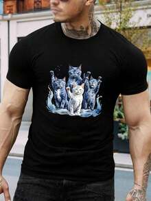 Camiseta para hombre con estampado de gato lindo - Camiseta divertida de gatito acuarela de cuello redondo, moda, estampado gráfico, top casual, ¡regalo purrfecto para amantes de los gatos! Ropa de manga corta con dibujos animados de gato negro - Negro - Ver 1