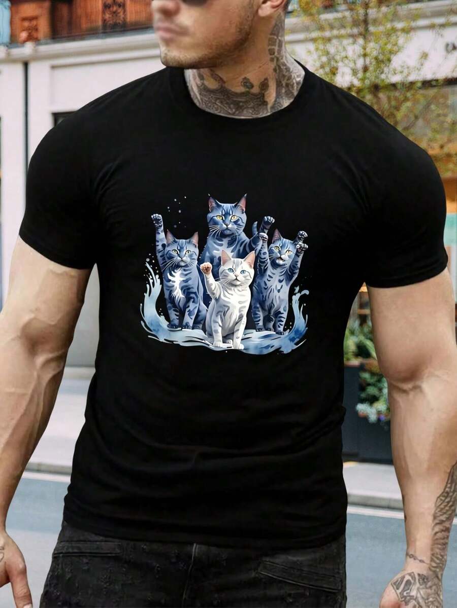 Camiseta para hombre con estampado de gato lindo - Camiseta divertida de gatito acuarela de cuello redondo, moda, estampado gráfico, top casual, ¡regalo purrfecto para amantes de los gatos! Ropa de manga corta con dibujos animados de gato negro - Negro - Ver 1