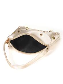 Plain Elegant Fashion Minimalist Satin Pearl Magnetic Triangular Handbag, For Parties, Weddings, Galas, Gatherings - Champagne - View 7