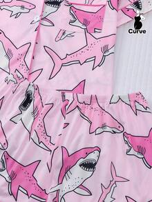 2pcs Women's Pajama Set, Shark Print, Women's Loungewear, Autumn/Winter Holiday Outfit, Long Sleeve Lapel Top And Pants, Can Be Worn Out - Pink - View 8