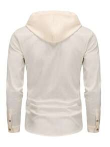 Camicia con cappuccio in lino da uomo a maniche lunghe con bottoni - cappuccio con cordino, vestibilità ampia e leggera - tessuto traspirante per l'estate, vacanza in spiaggia e uso quotidiano all'aperto