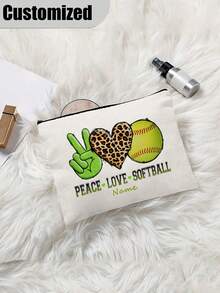 1 pieza "Paz Amor Softbol" Estuche organizador con cremallera - Gesto de mano verde, corazón de leopardo, diseño de béisbol - Bolsa de maquillaje de poliéster ligera con cierre de cremallera - Ideal para viajes, regalos de fiesta y almacenamiento de cosméticos, accesorios de softbol | Accesorio alegre | Cierre con cremallera, bolsas de softbol - Multicolor - Ver 6