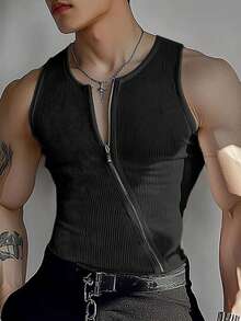 INCERUN Men Round Neck Sleeveless Zipper Summer Holiday Casual Gym Tank Tops Plain Slim Shirts T-Shirt - 黑色 - 查看 2