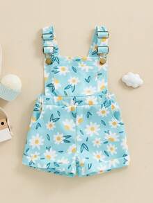 Toddler Baby Girl Sunflower Print Overalls Shorts With Pocket Suspender Trousers Cute Summer Clothing Outfit - Blue - View 1