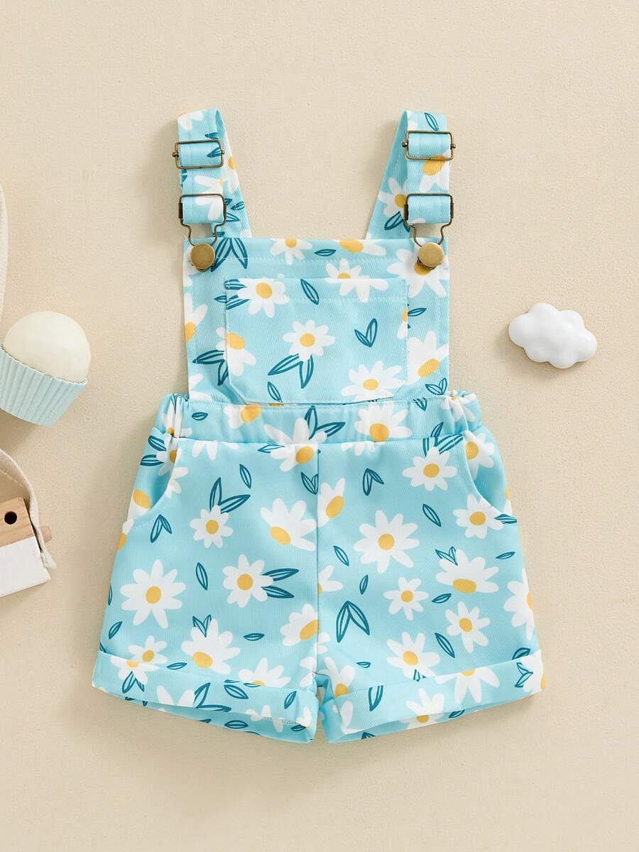 Toddler Baby Girl Sunflower Print Overalls Shorts With Pocket Suspender Trousers Cute Summer Clothing Outfit - Blue - View 1