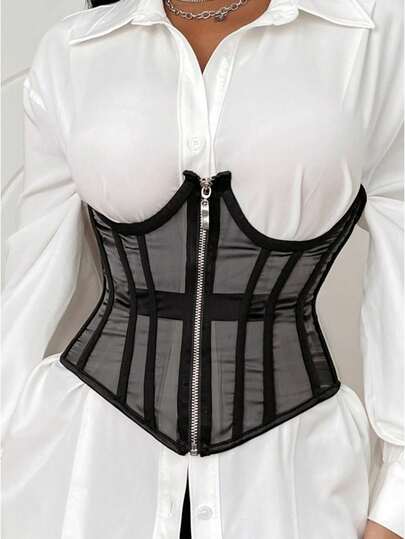 1pc Women's Black Mesh Compression Bustier With Boned Waist Cincher Women Corset Belt For Dress,Waist Trainer Waist-Shaping For Waist Slimming And Tummy Control Halloween Costume