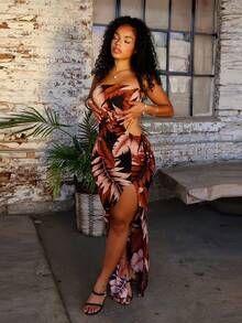 Summer Floral Print High Slit Maxi Wrap Dress - Black - View 3