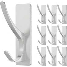 New Self-Adhive Coat Hooks For Hanging - Heavy Duty Stainls Double Wall Hook For Towel, Backpack, Hat, Sturdy Metal Hanger For Bathroom, Bedroom, Door, Wall Mounted, 10-Pack, Sier - 銀色 10 件裝 - 查看 1
