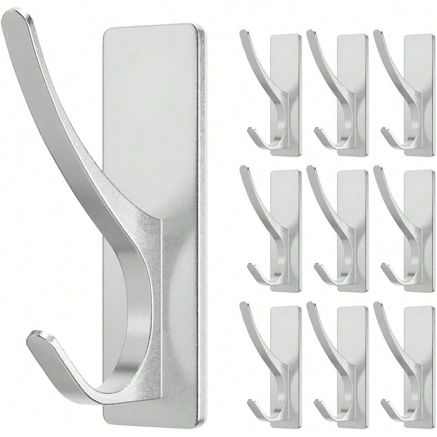 New Self-Adhive Coat Hooks For Hanging - Heavy Duty Stainls Double Wall Hook For Towel, Backpack, Hat, Sturdy Metal Hanger For Bathroom, Bedroom, Door, Wall Mounted, 10-Pack, Sier - 銀色 10 件裝 - 查看 1