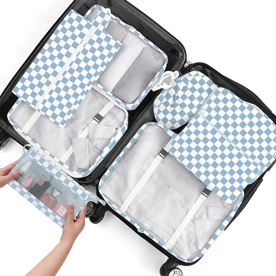 8pcs Travel Packing Cubes Set,Travel Portable Clothes Storage Bags, Compression Storage Shoe Bag, Clothing Underwear Bag, Luggage Packing Organizers,Pack Your Luggage With Ease ,Travel Essential Accessories - Kẻ caro xanh - Xem 1
